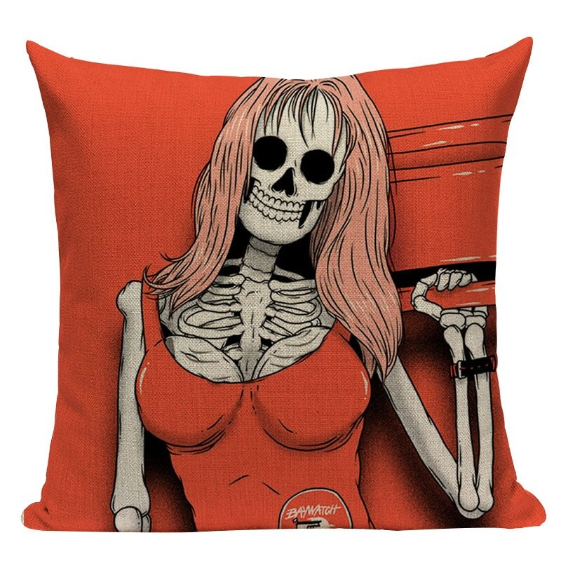 Decorative Pillowcase with Cartoon Skull Print / Square Cotton Pillow with Zipper