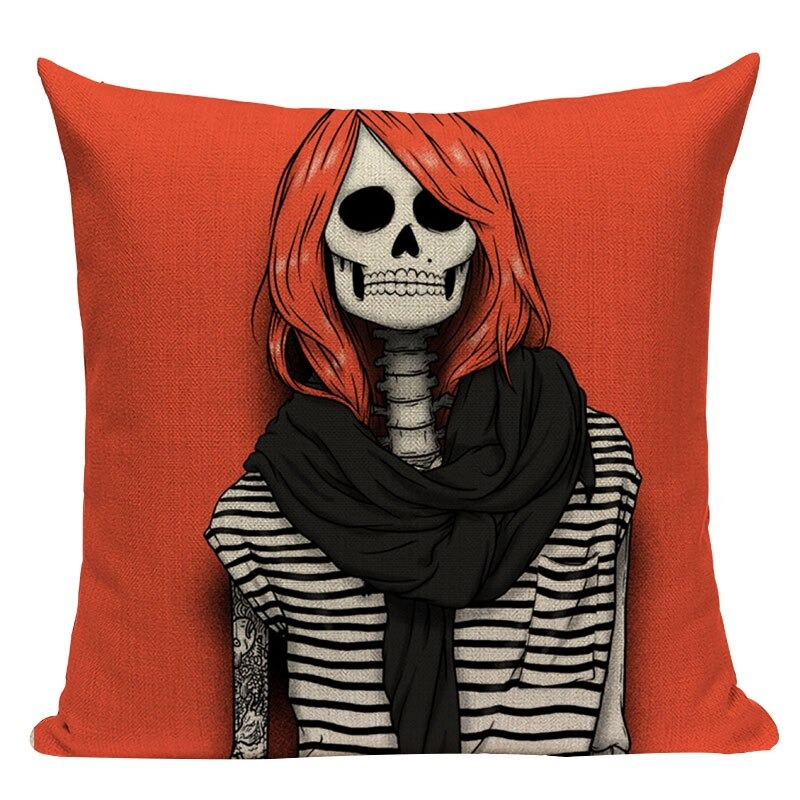 Decorative Pillowcase with Cartoon Skull Print / Square Cotton Pillow with Zipper