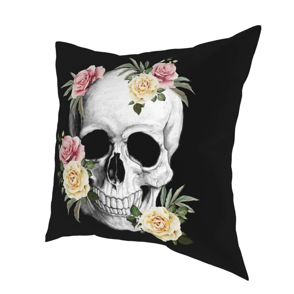 Decorative Pillowcase With Printed of Skull and Roses / Black Pillow Polyester for Home and Car