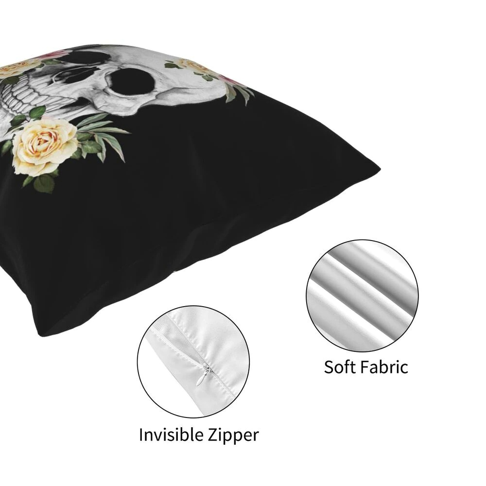 Decorative Pillowcase With Printed of Skull and Roses / Black Pillow Polyester for Home and Car