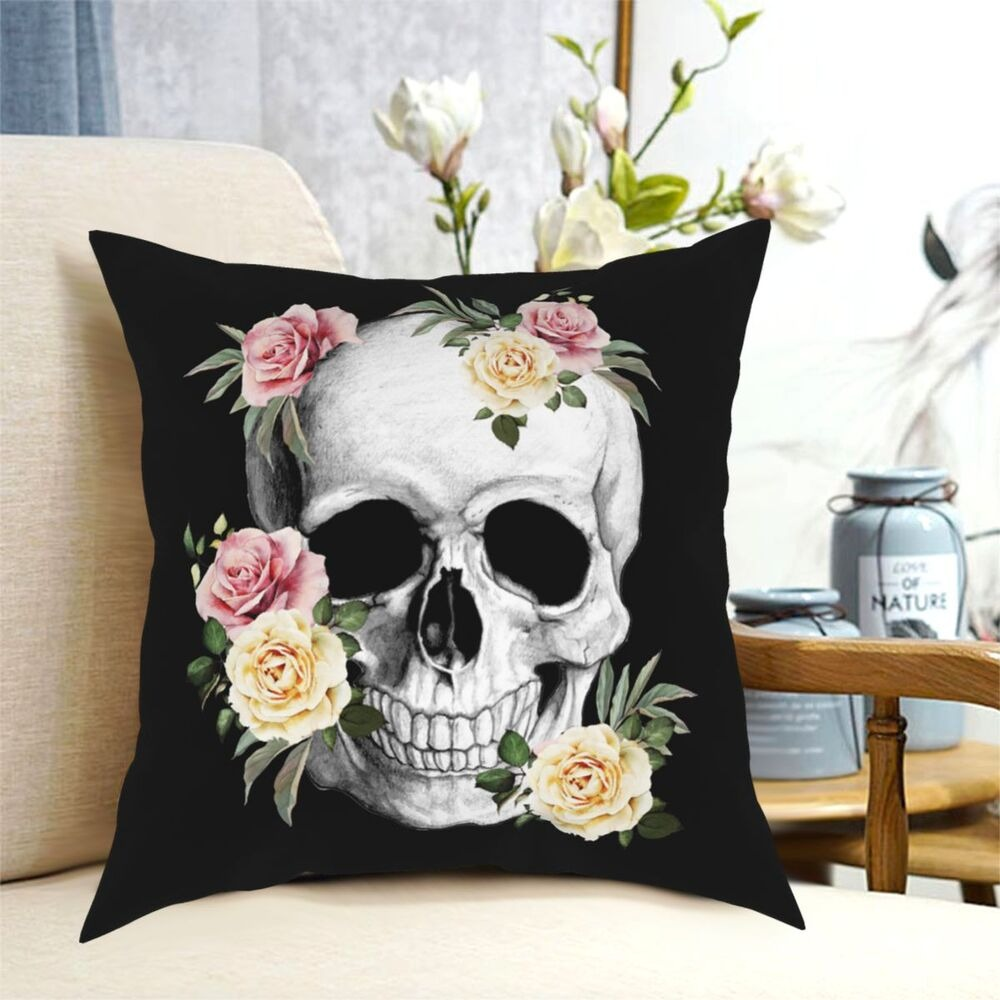Decorative Pillowcase With Printed of Skull and Roses / Black Pillow Polyester for Home and Car