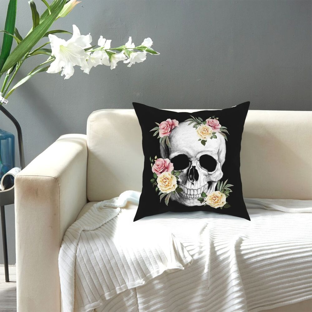 Decorative Pillowcase With Printed of Skull and Roses / Black Pillow Polyester for Home and Car