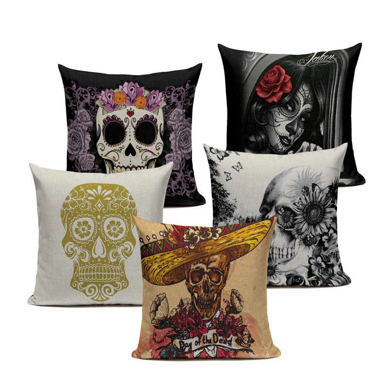 Decorative Pillowcase with Skull Printed / Linen Black Pillow with Hidden Zipper