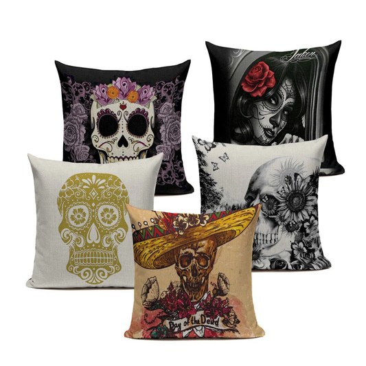 Decorative Pillowcase with Skull Printed / Linen Black Pillow with Hidden Zipper