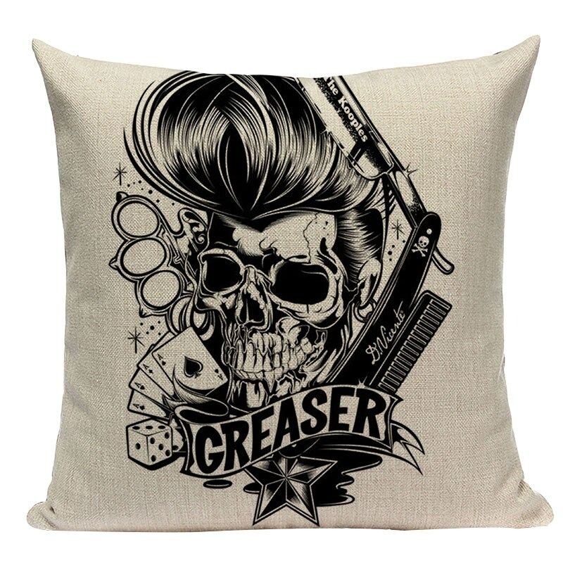 Decorative Pillowcase with Skull Printed / Linen Black Pillow with Hidden Zipper
