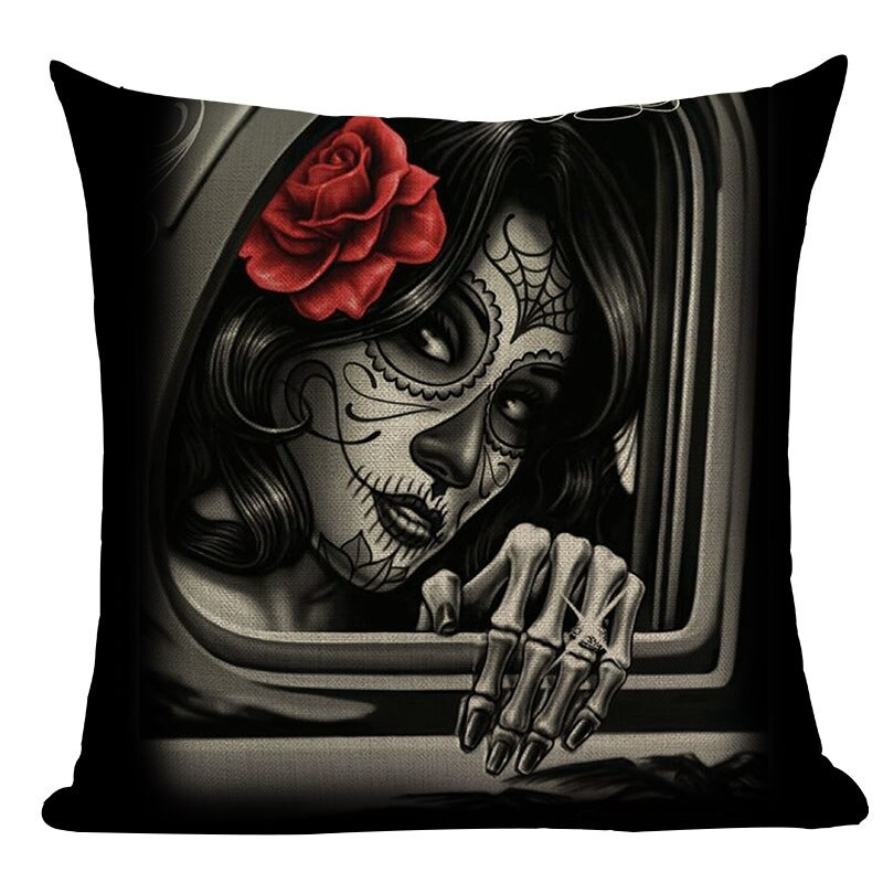 Decorative Pillowcase with Skull Printed / Linen Black Pillow with Hidden Zipper