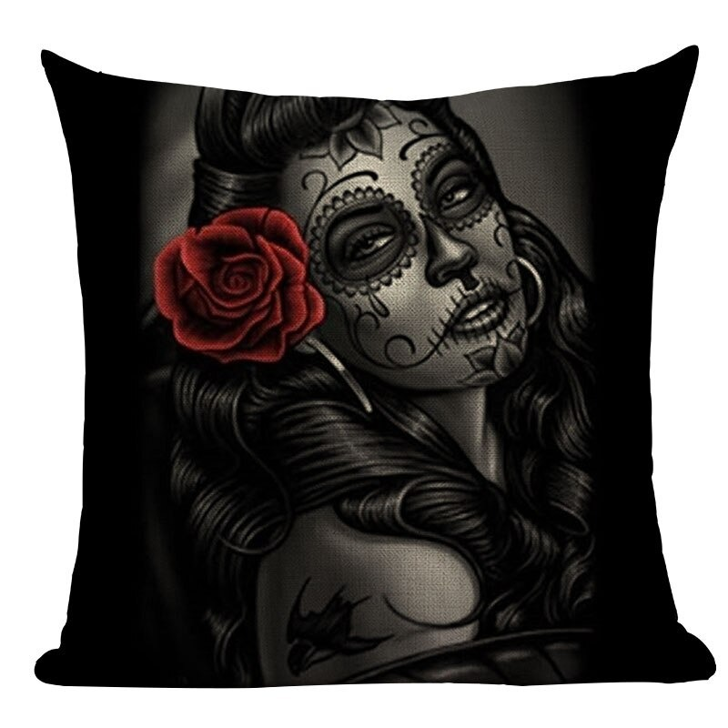 Decorative Pillowcase with Skull Printed / Linen Black Pillow with Hidden Zipper