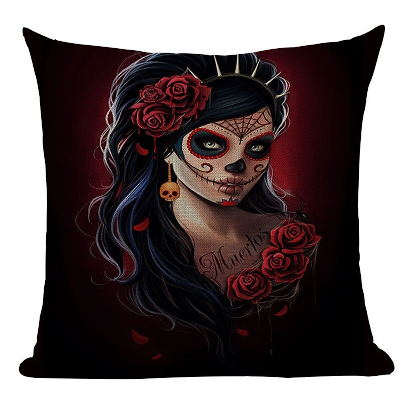 Decorative Pillowcase with Skull Printed / Linen Black Pillow with Hidden Zipper