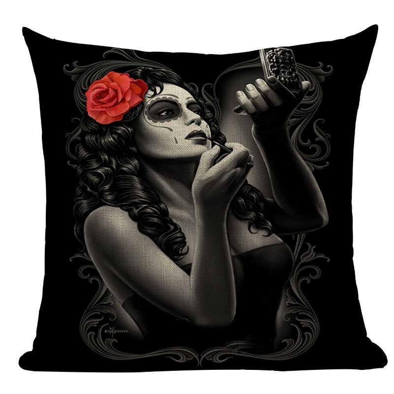 Decorative Pillowcase with Skull Printed / Linen Black Pillow with Hidden Zipper