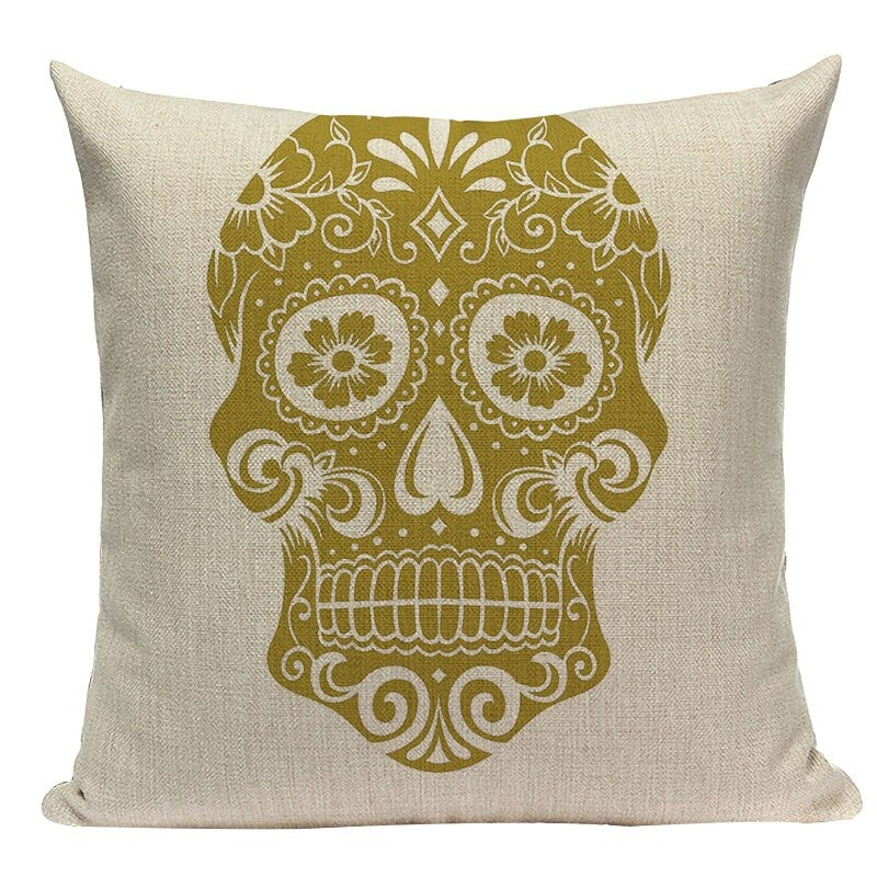 Decorative Pillowcase with Skull Printed / Linen Black Pillow with Hidden Zipper