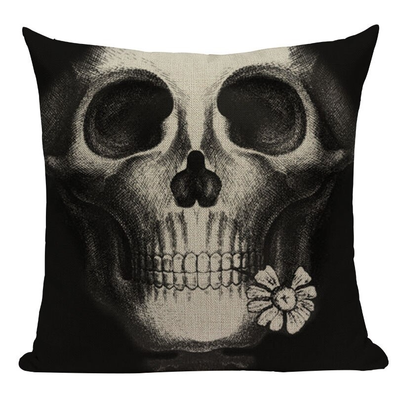 Decorative Pillowcase with Skull Printed / Linen Black Pillow with Hidden Zipper