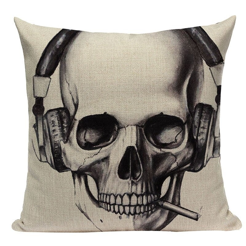 Decorative Pillowcase with Skull Printed / Linen Black Pillow with Hidden Zipper