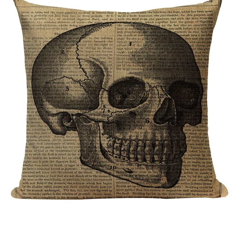 Decorative Pillowcase with Skull Printed / Linen Black Pillow with Hidden Zipper