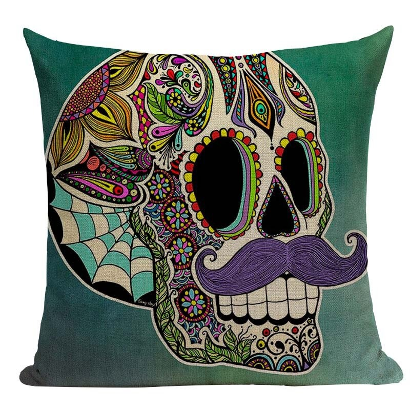 Decorative Pillowcase with Skull Printed / Linen Black Pillow with Hidden Zipper