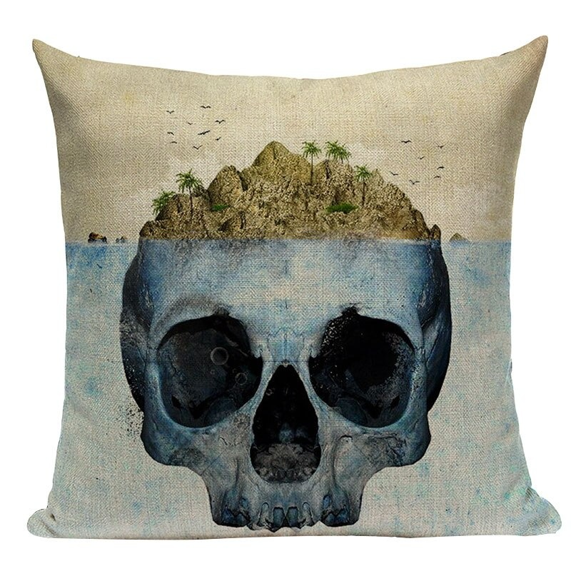 Decorative Pillowcase with Skull Printed / Linen Black Pillow with Hidden Zipper