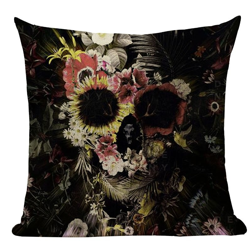 Decorative Pillowcase with Skull Printed / Linen Black Pillow with Hidden Zipper