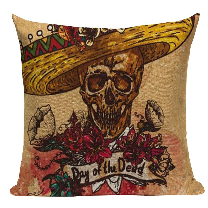 Decorative Pillowcase with Skull Printed / Linen Black Pillow with Hidden Zipper