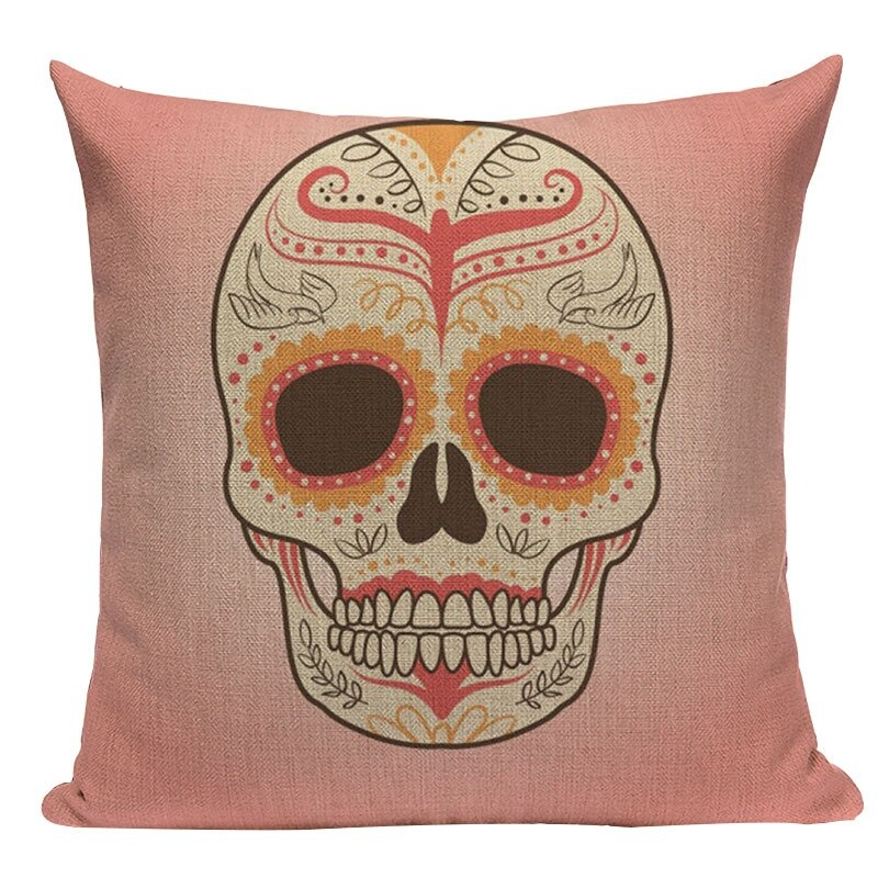 Decorative Pillowcase with Skull Printed / Linen Black Pillow with Hidden Zipper