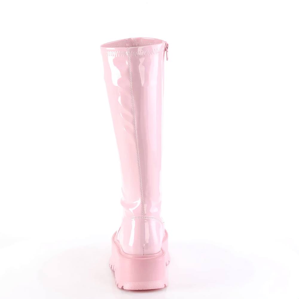 DEMONIA Baby Pink Holo Stretch Knee-High Platform Boots