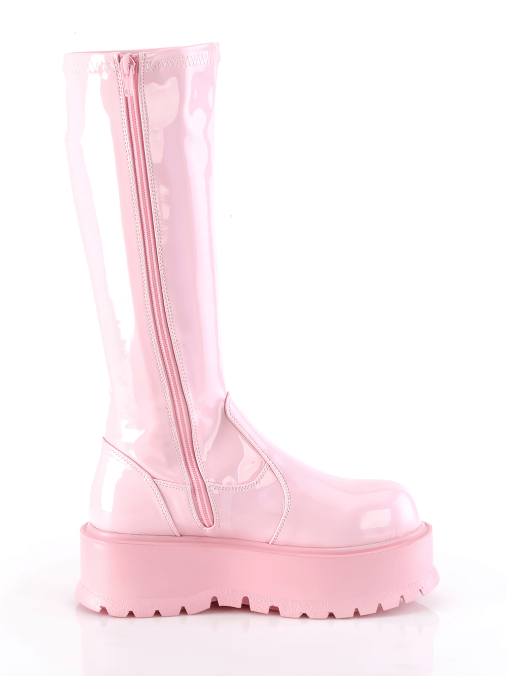 DEMONIA Baby Pink Holo Stretch Knee-High Platform Boots