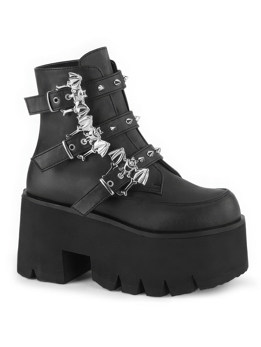 DEMONIA Bat Buckle Studded Platform Ankle Boots