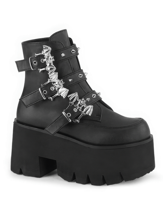DEMONIA Bat Buckle Studded Platform Ankle Boots