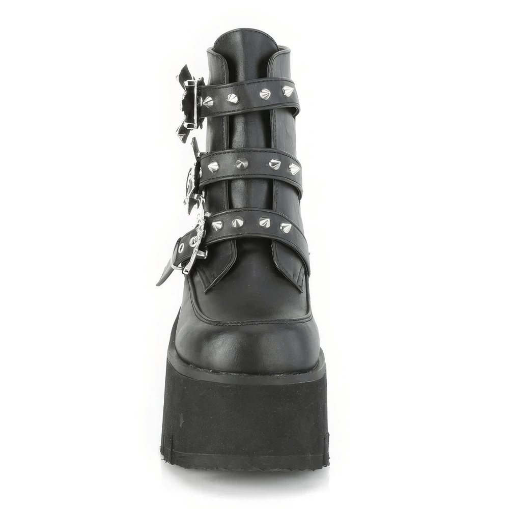 DEMONIA Bat Buckle Studded Platform Ankle Boots