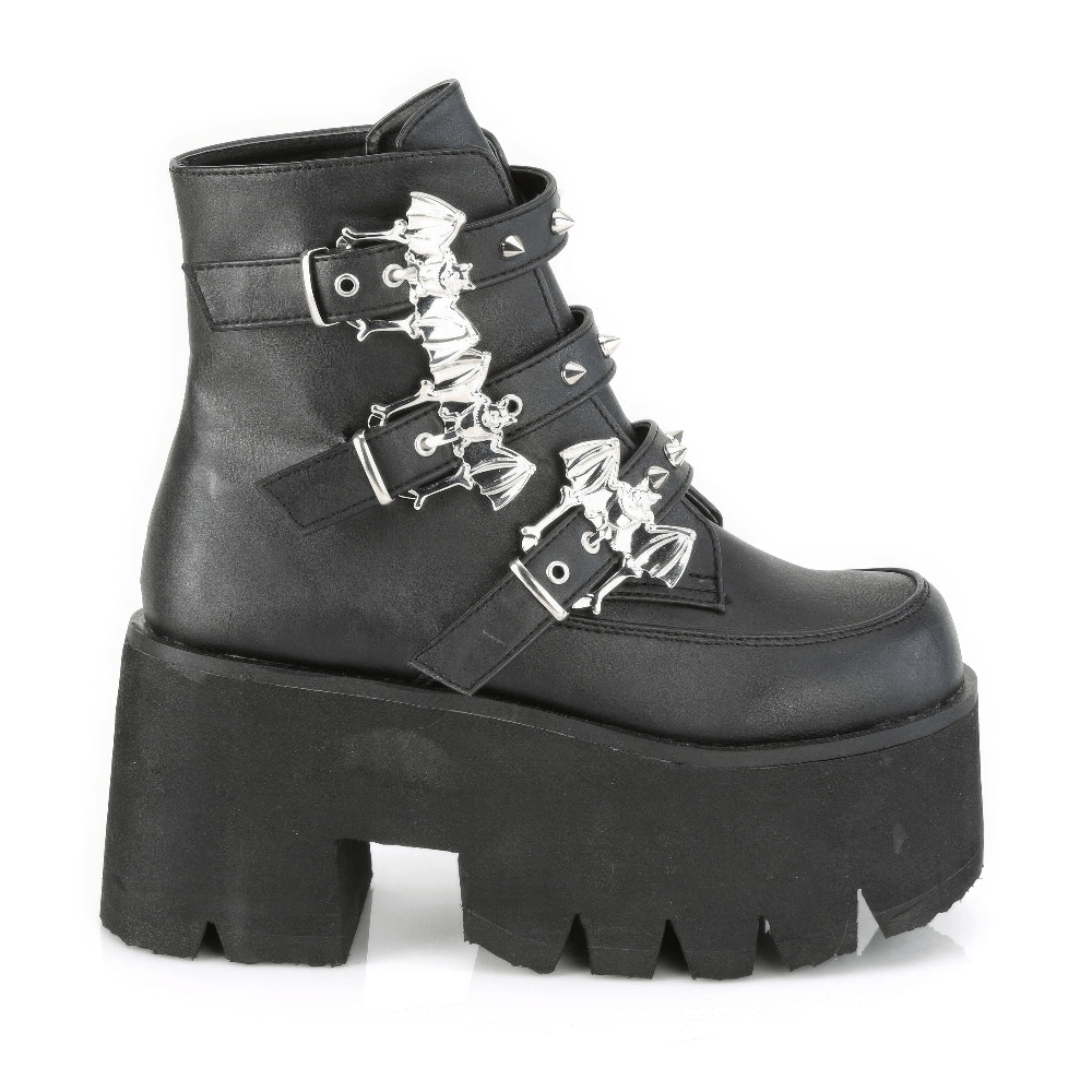 DEMONIA Bat Buckle Studded Platform Ankle Boots
