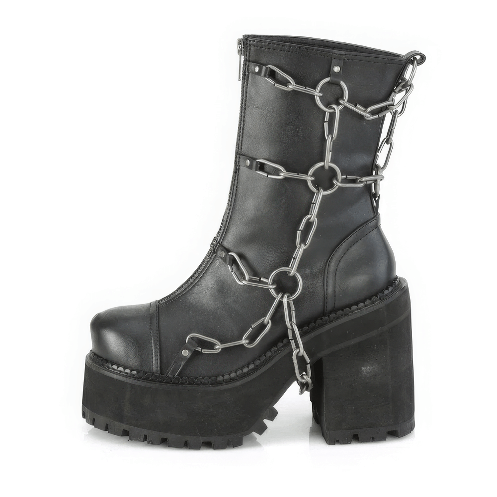 DEMONIA Black Ankle Boots with Metal Chain Details