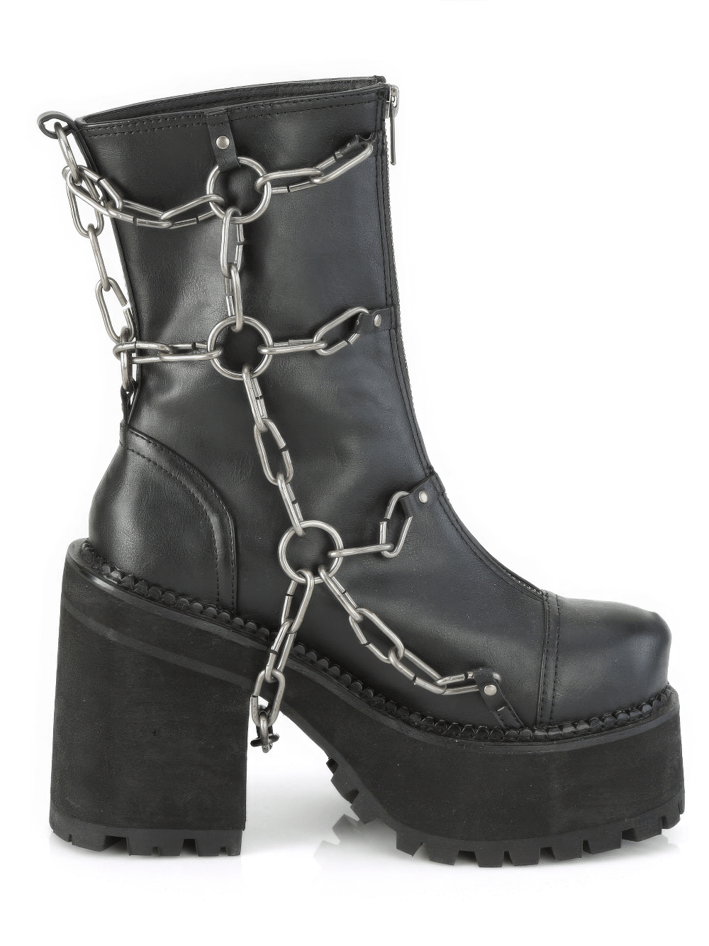 DEMONIA Black Ankle Boots with Metal Chain Details