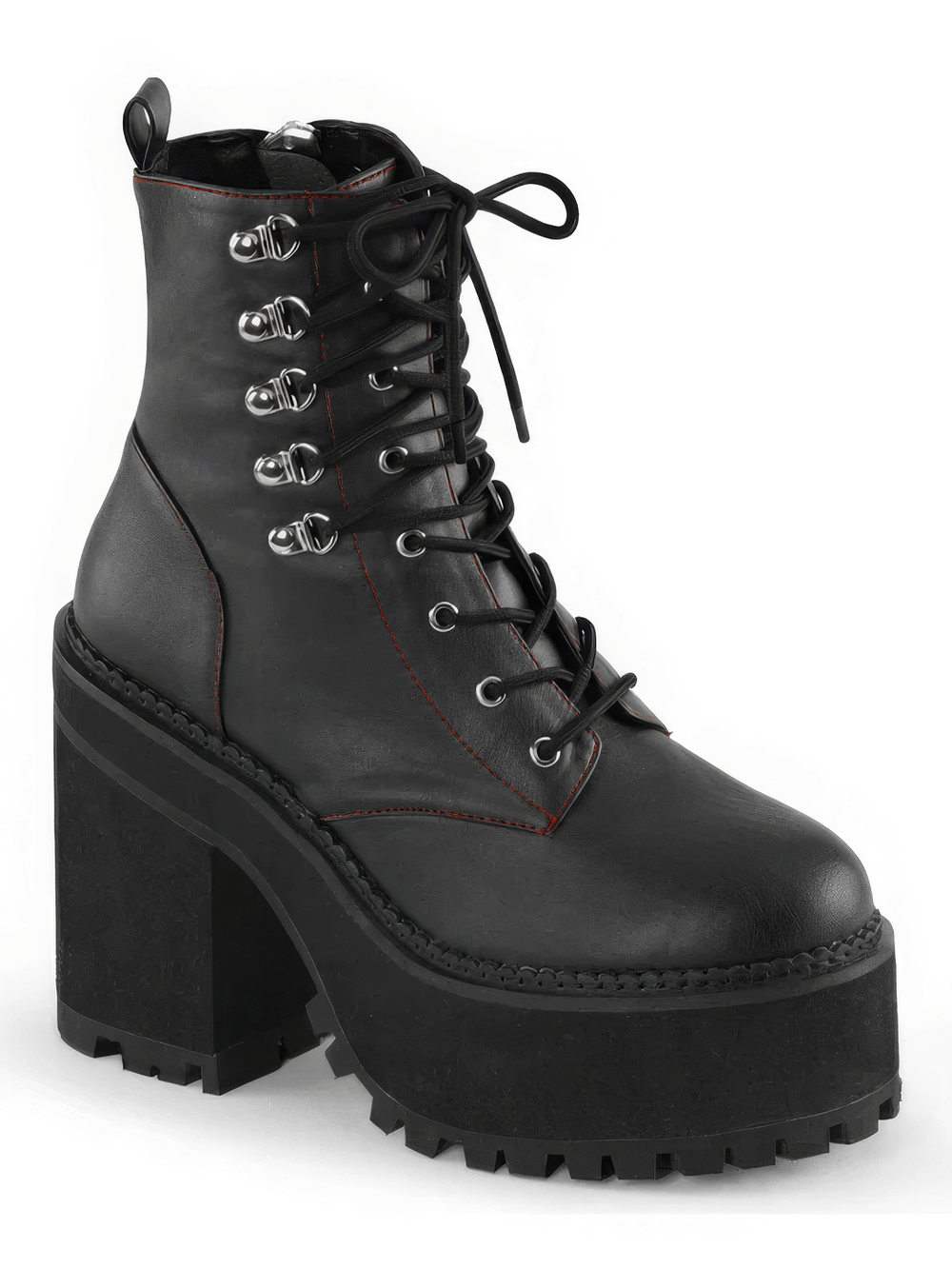 DEMONIA Black Block Heel Ankle Boots with Red Stitch