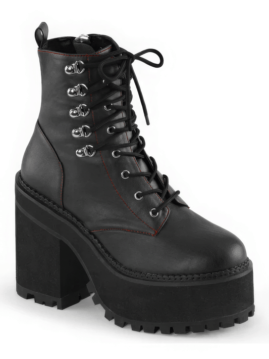 DEMONIA Black Block Heel Ankle Boots with Red Stitch