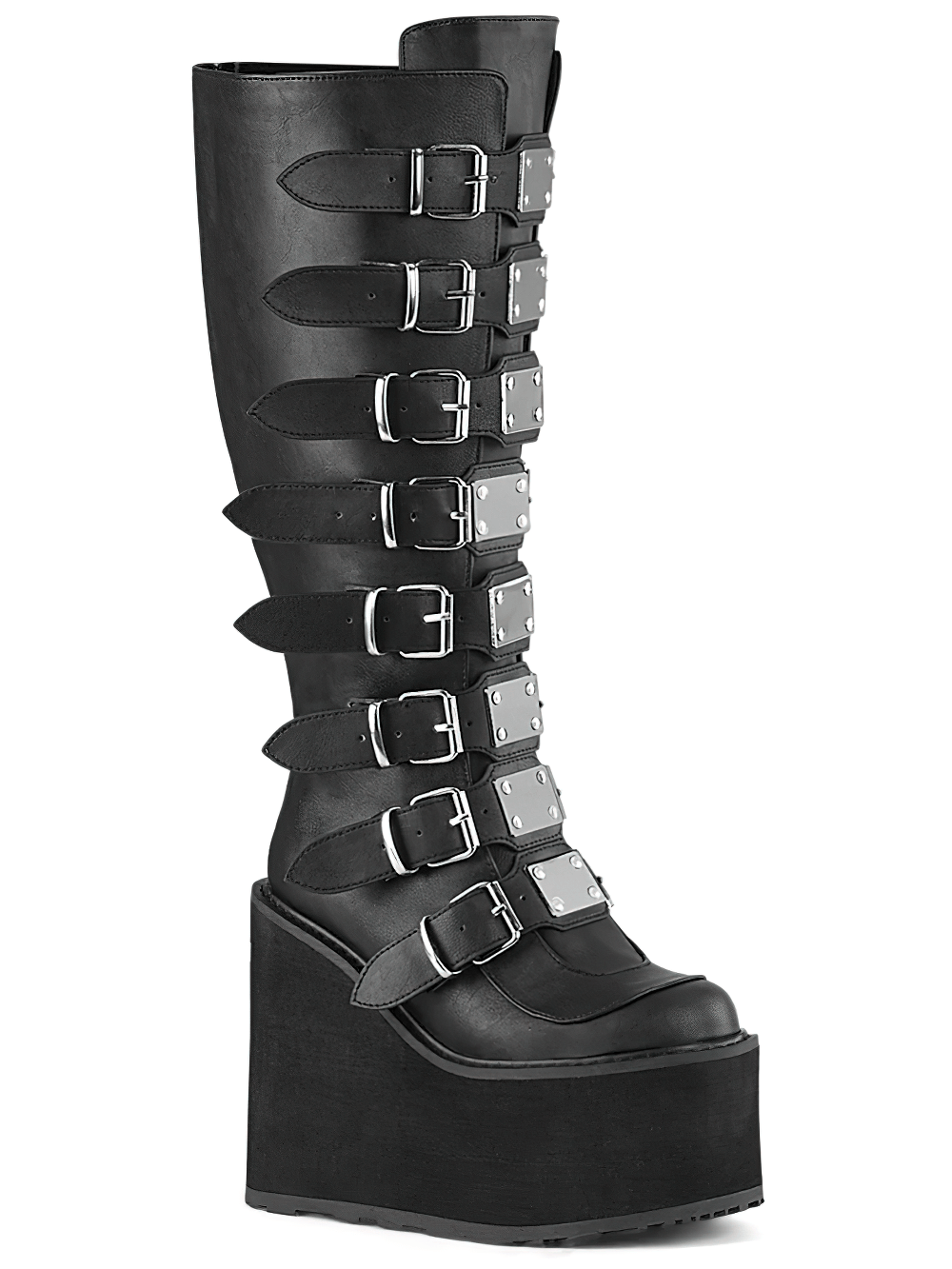 DEMONIA Black Buckled Knee-High Platform Boots