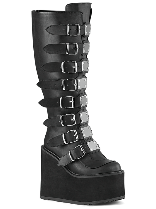 DEMONIA Black Buckled Knee-High Platform Boots