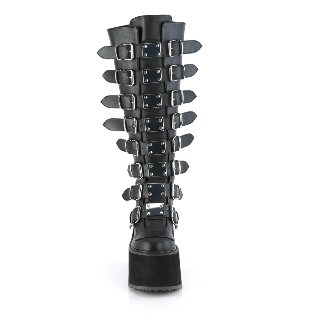 DEMONIA Black Buckled Knee-High Platform Boots