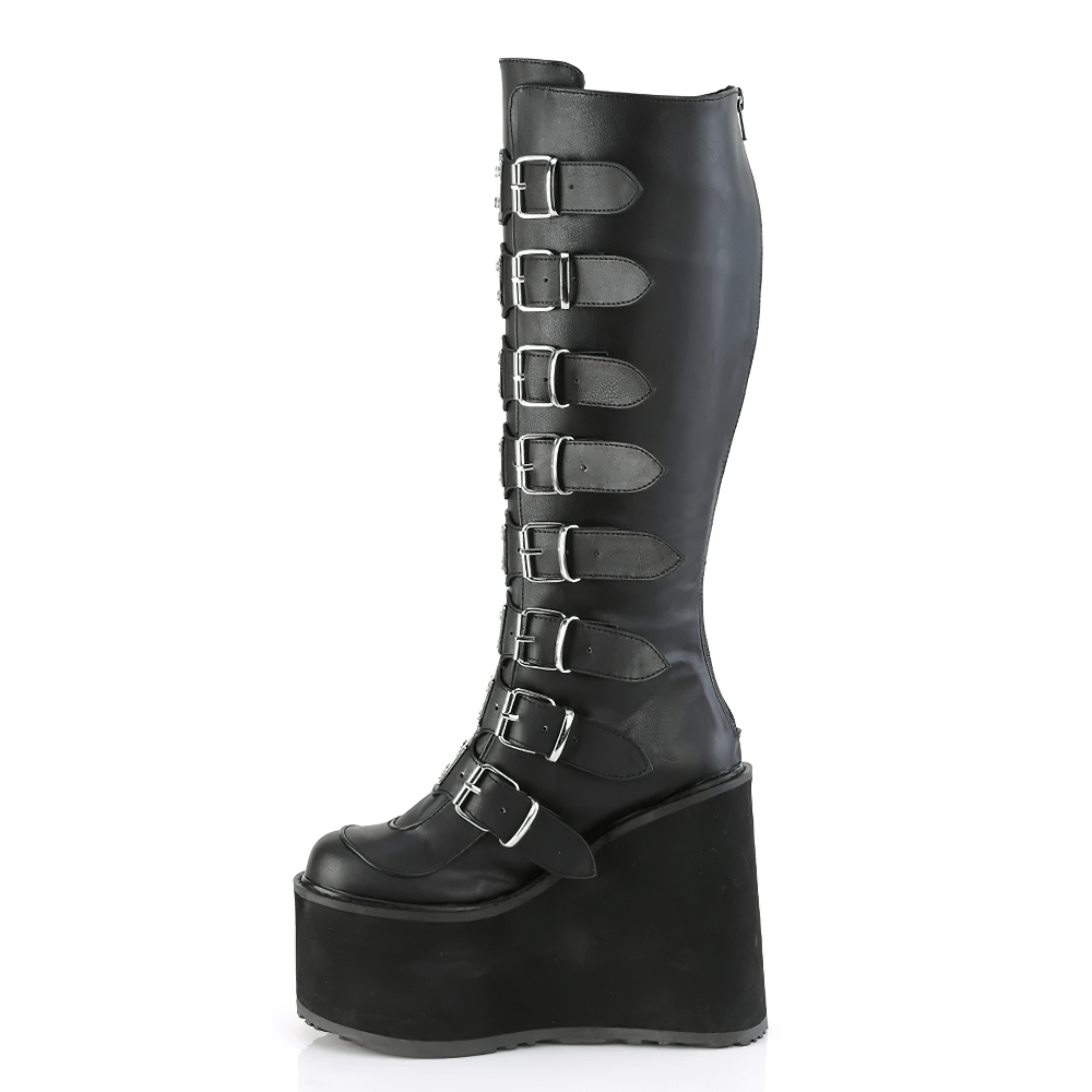 DEMONIA Black Buckled Knee-High Platform Boots