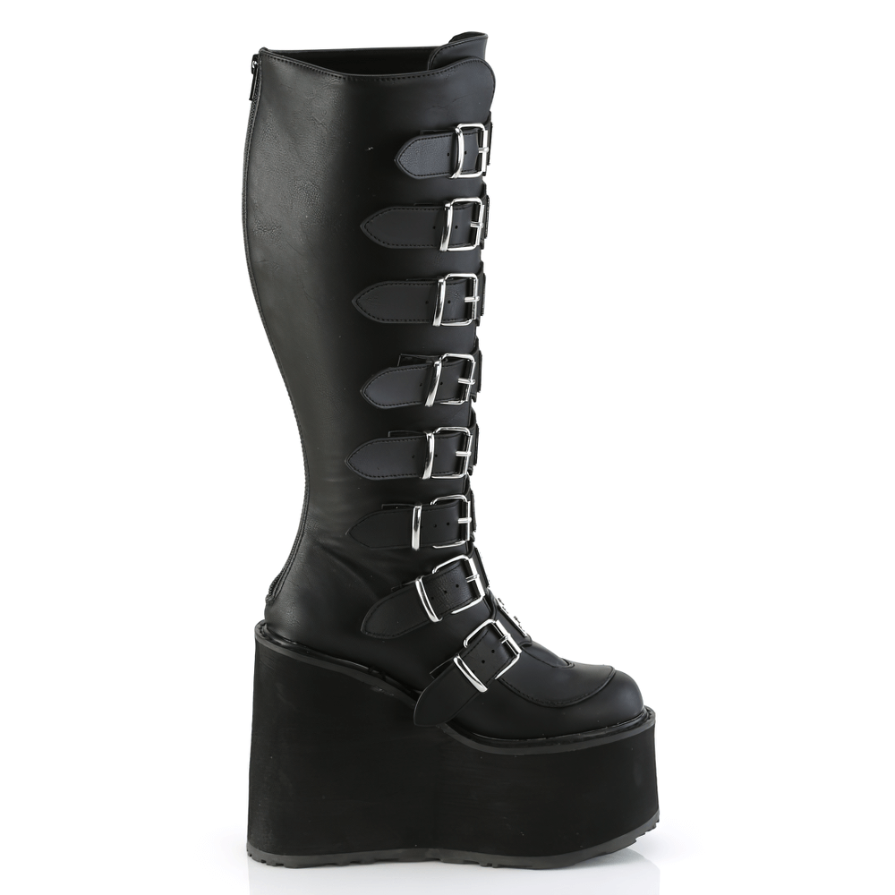 DEMONIA Black Buckled Knee-High Platform Boots