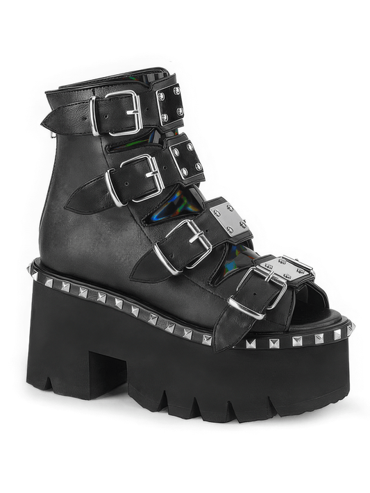 DEMONIA Black Chunky Heel Bootie Sandals with Buckles