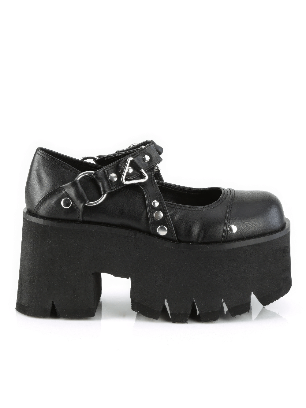 DEMONIA Black Chunky Heel Platform Boots with Metal Accents