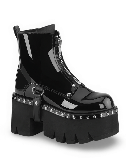 DEMONIA Black Chunky Heel Platform Boots with Metal Zip