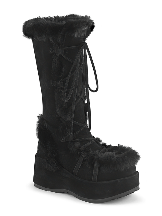 DEMONIA Black Faux Fur Trim Mid-Calf Lace-Up Boots