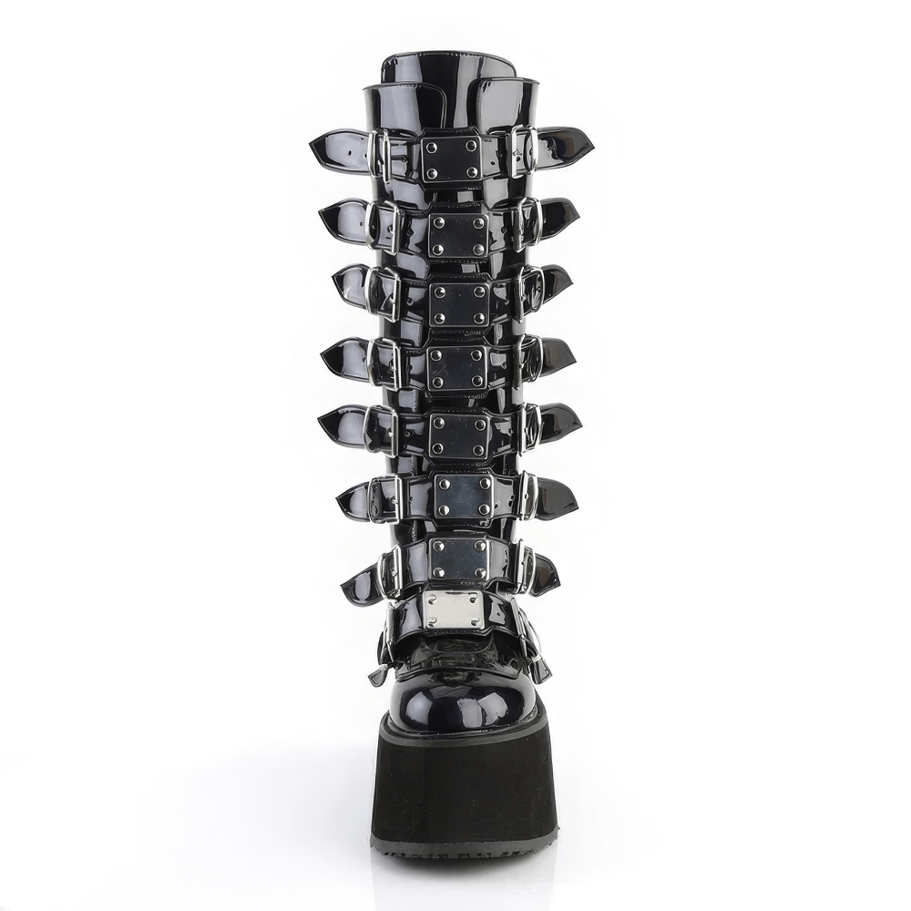 DEMONIA Black Hologram Platform Knee High Boots with Buckles