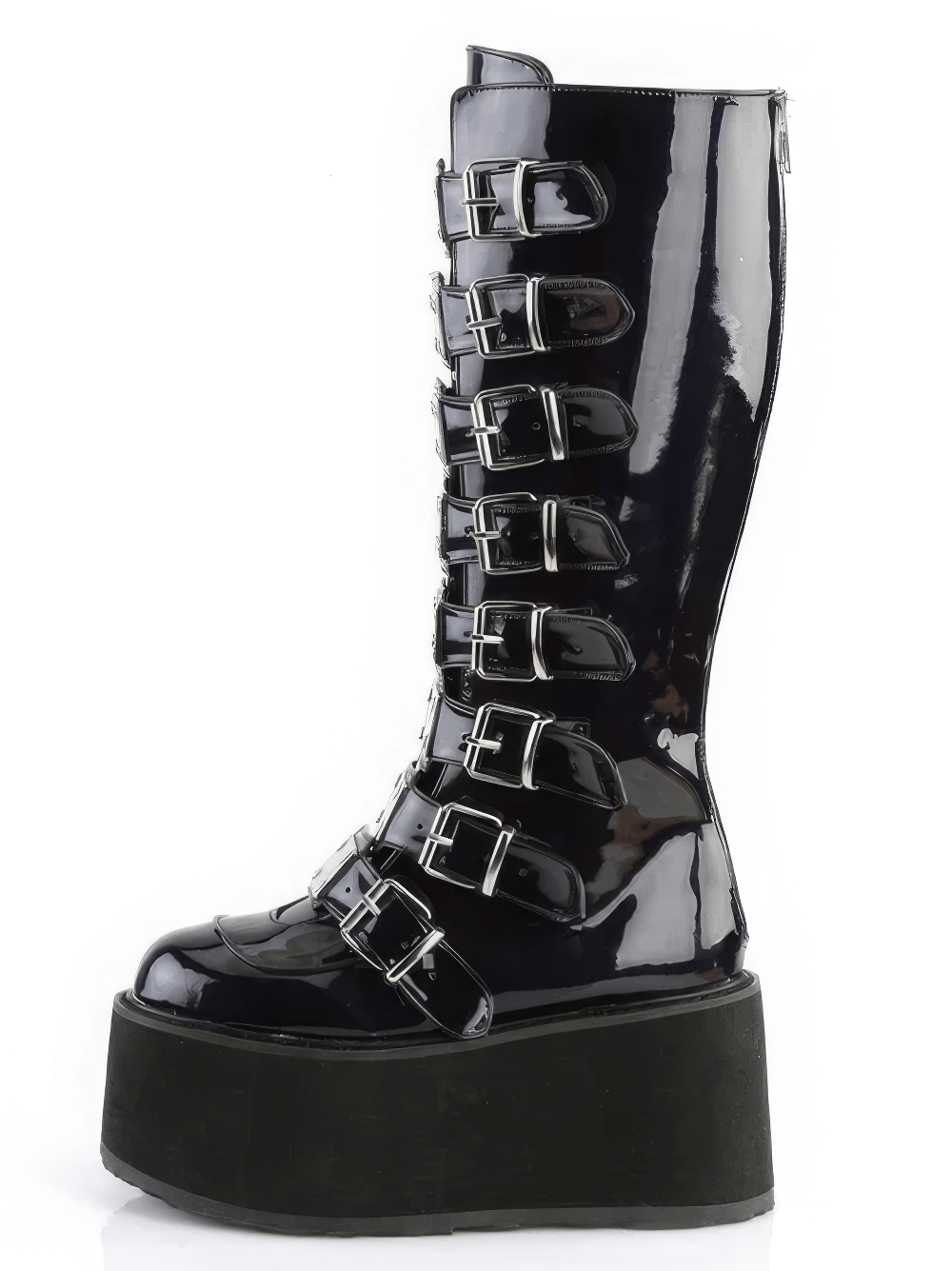 DEMONIA Black Hologram Platform Knee High Boots with Buckles