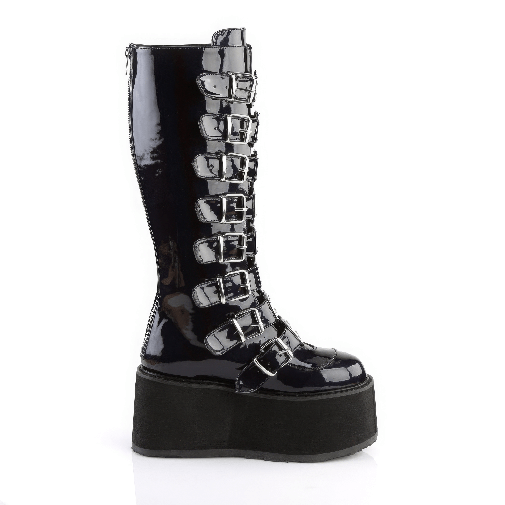 DEMONIA Black Hologram Platform Knee High Boots with Buckles
