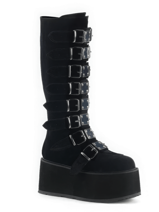 DEMONIA Black Knee High Boots with Buckles and Platform