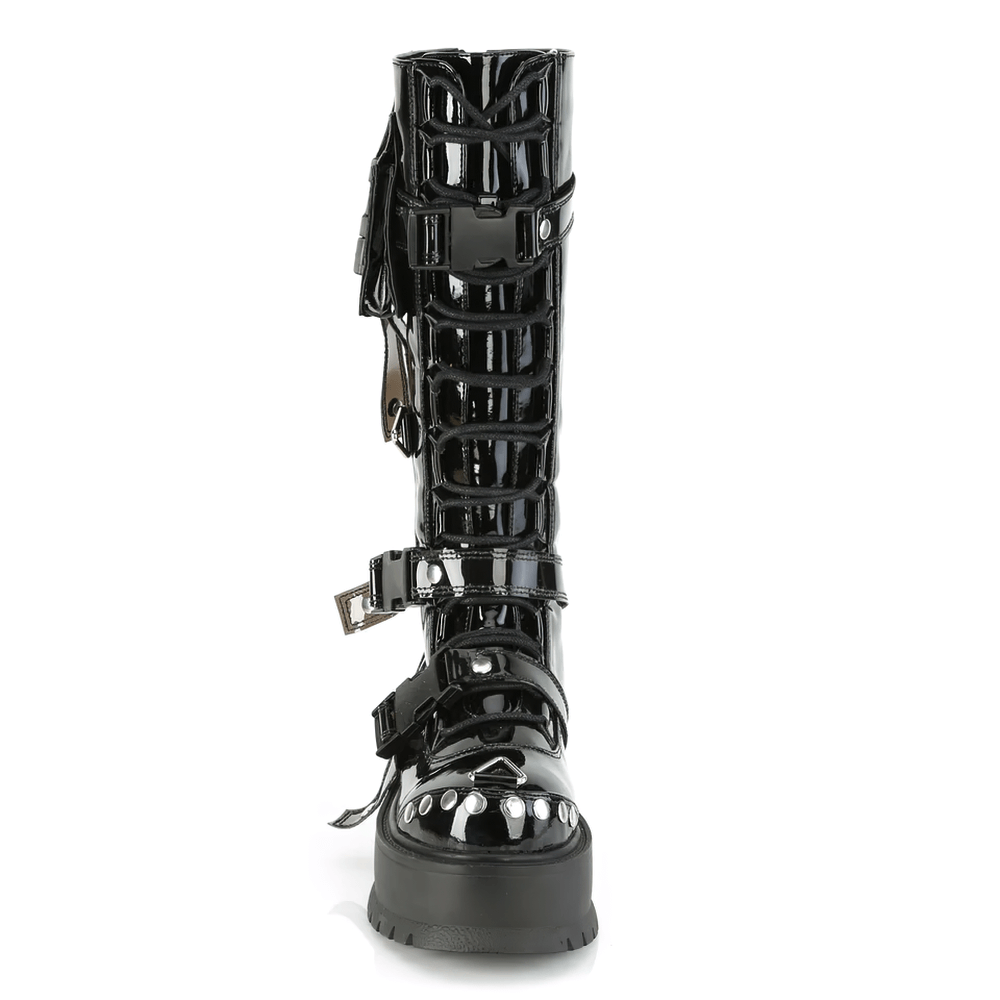 DEMONIA Black Knee-High Lace-Up Boots with Cargo Pocket
