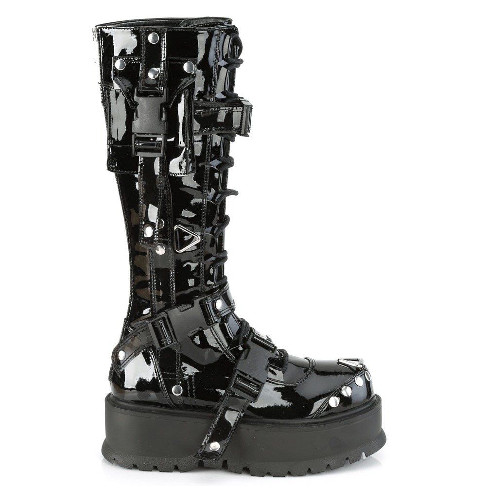 DEMONIA Black Knee-High Lace-Up Boots with Cargo Pocket