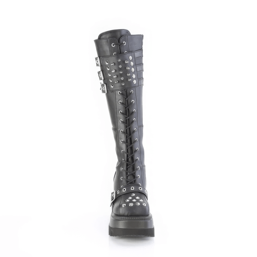DEMONIA Black Knee-High Lace-Up Boots with Spiked Shield