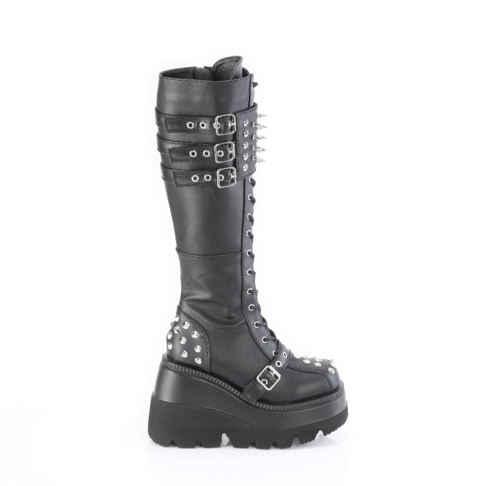 DEMONIA Black Knee-High Lace-Up Boots with Spiked Shield