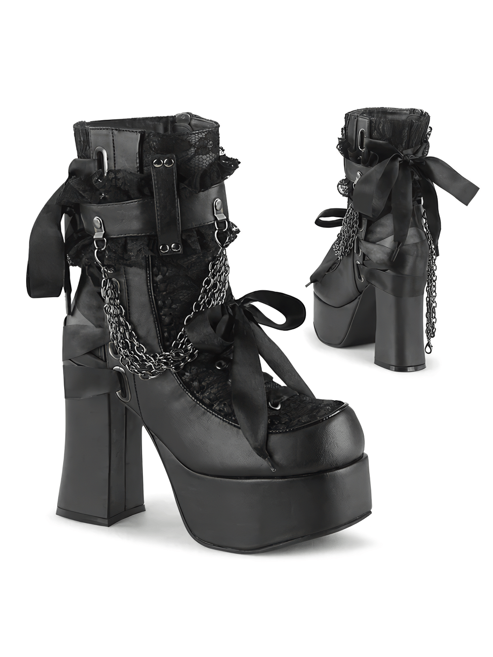 DEMONIA Black Lace Ankle Boots with Chain and Ribbon Detail